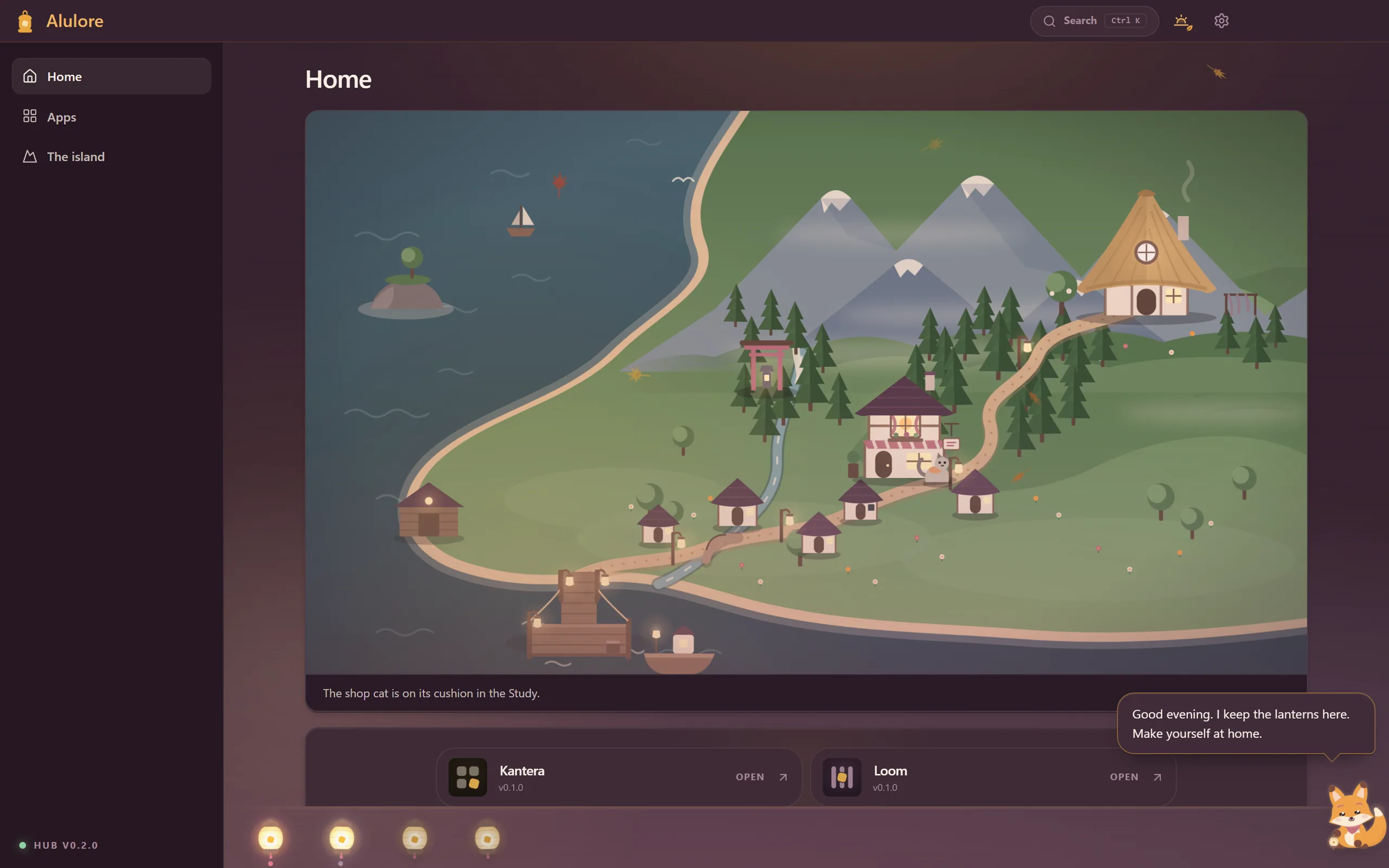 The Hub at dusk: the island map with every place lit, the shop cat at the Study, and the fox saying "Good evening. I keep the lanterns here."