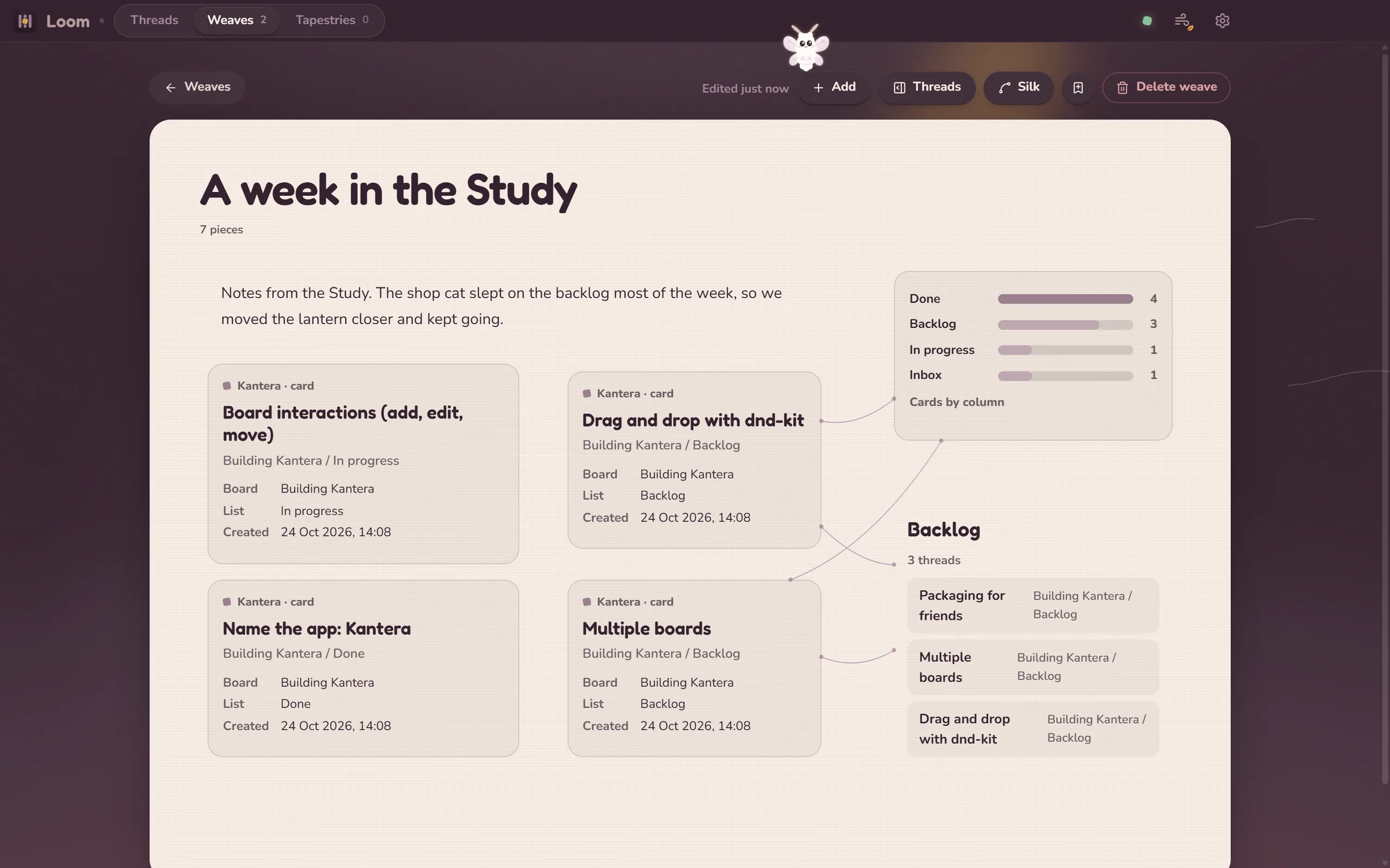 Loom, a weave called "A week in the Study" with Kantera cards, a chart and a list joined by silk threads, and the moth above the toolbar.